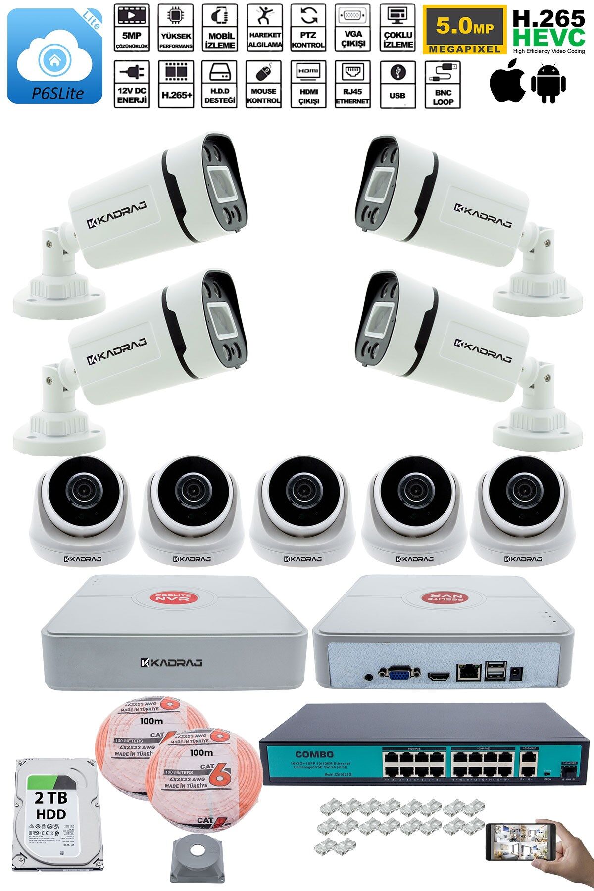 IP Güvenlik Kamera Seti - 5 İç Mekan IP Kamera, 4 Dış Mekan IP Kamera, 2TB H.D.D, 16 Kanal NVR,