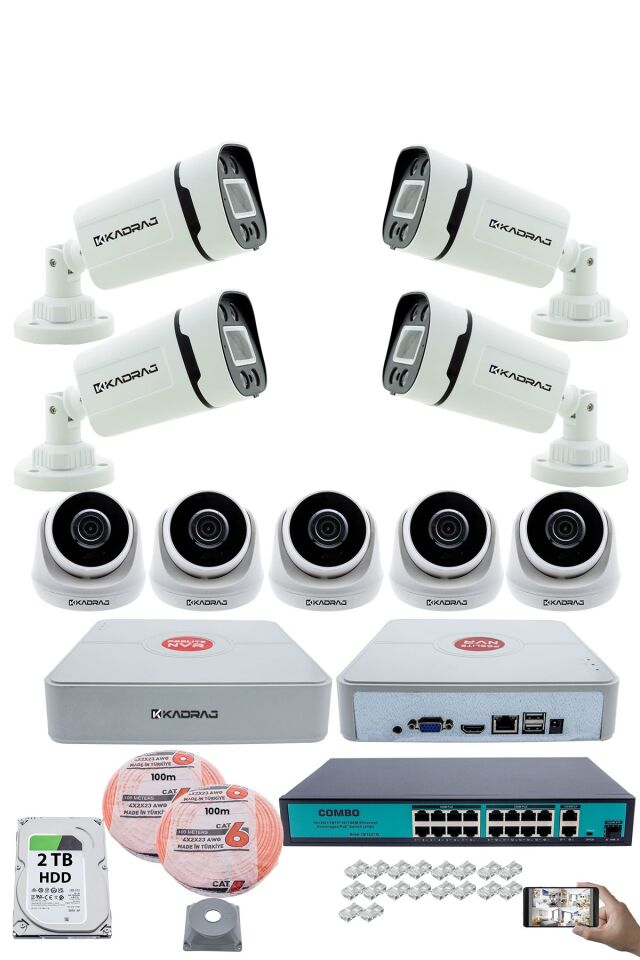 IP Güvenlik Kamera Seti - 5 İç Mekan IP Kamera, 4 Dış Mekan IP Kamera, 2TB H.D.D, 16 Kanal NVR,
