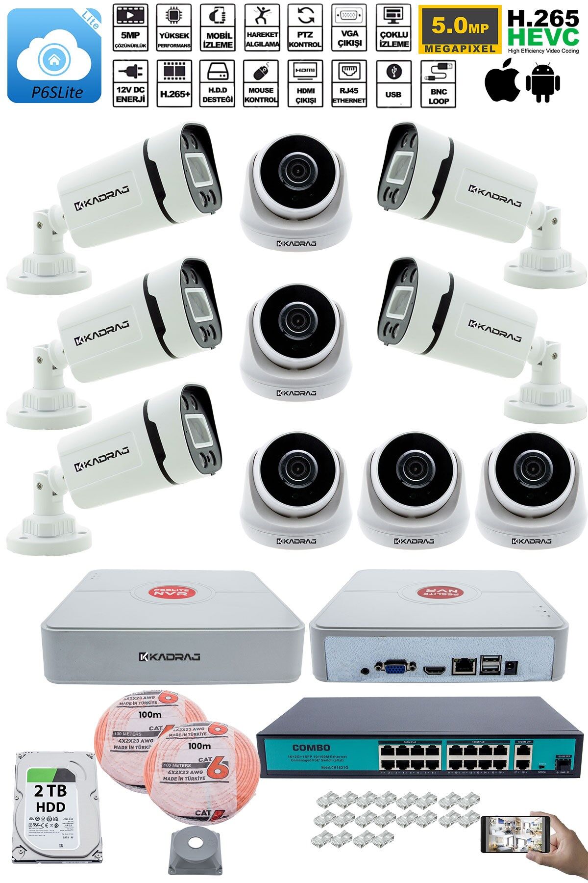 IP Güvenlik Kamera Seti - 5 İç Mekan IP Kamera, 5 Dış Mekan IP Kamera, 2TB H.D.D, 16 Kanal NVR