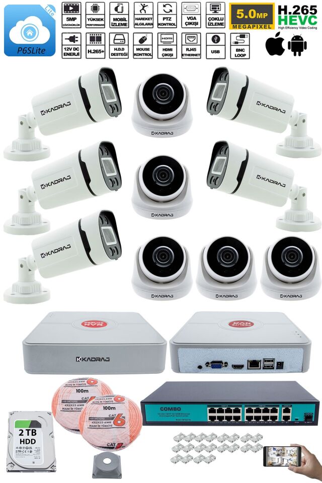 IP Güvenlik Kamera Seti - 5 İç Mekan IP Kamera, 5 Dış Mekan IP Kamera, 2TB H.D.D, 16 Kanal NVR