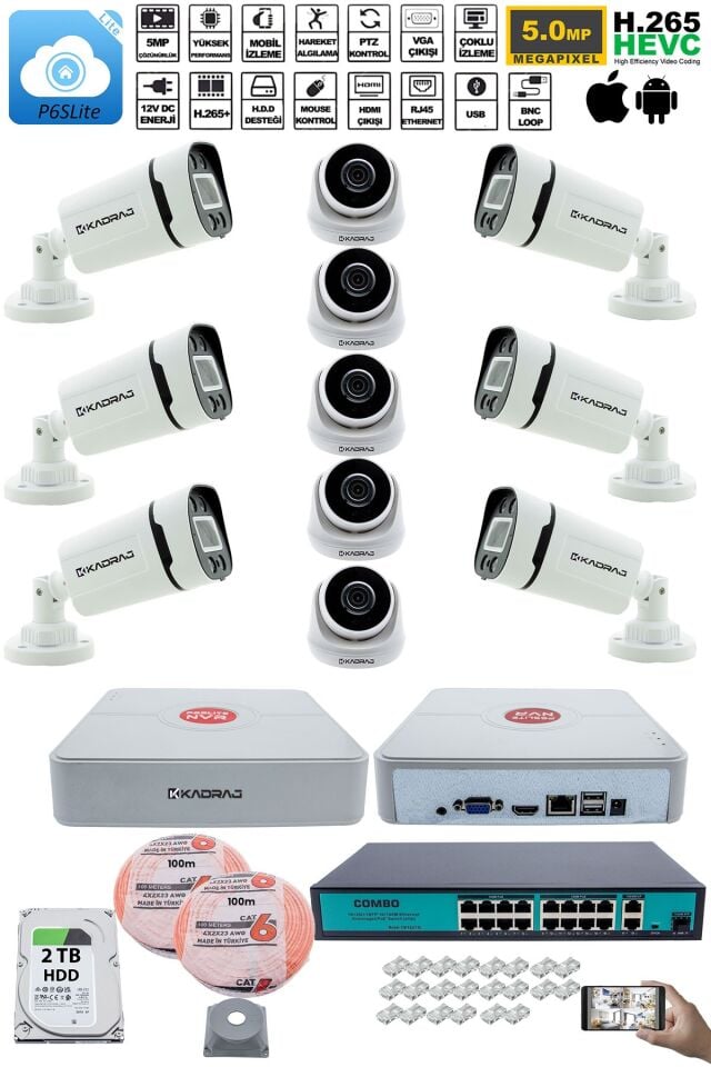 IP Güvenlik Kamera Seti - 5 İç Mekan IP Kamera, 6 Dış Mekan IP Kamera, 2TB H.D.D, 16 Kanal NVR