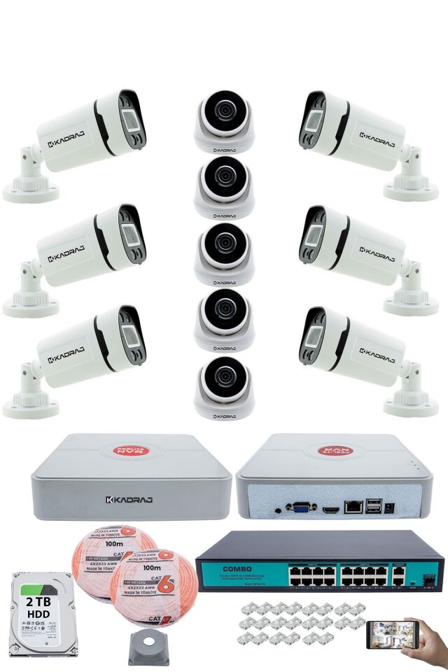 IP Güvenlik Kamera Seti - 5 İç Mekan IP Kamera, 6 Dış Mekan IP Kamera, 2TB H.D.D, 16 Kanal NVR