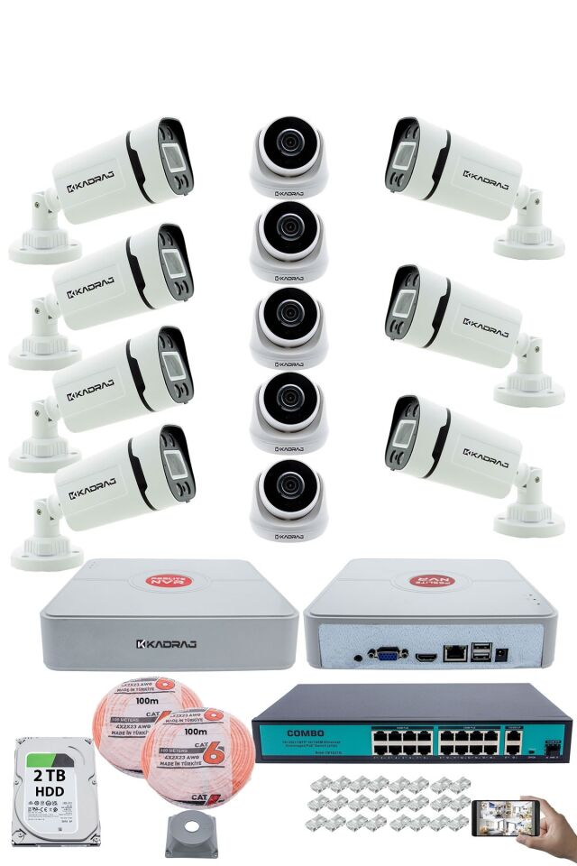 IP Güvenlik Kamera Seti - 5 İç Mekan IP Kamera, 7 Dış Mekan IP Kamera, 2TB H.D.D, 16 Kanal NVR