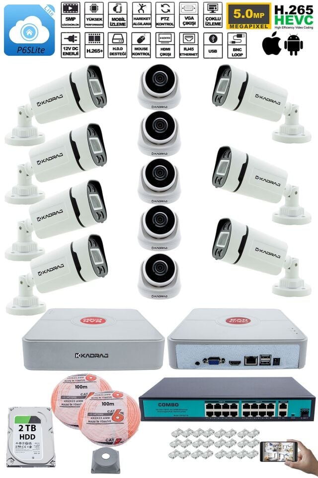 IP Güvenlik Kamera Seti - 5 İç Mekan IP Kamera, 7 Dış Mekan IP Kamera, 2TB H.D.D, 16 Kanal NVR