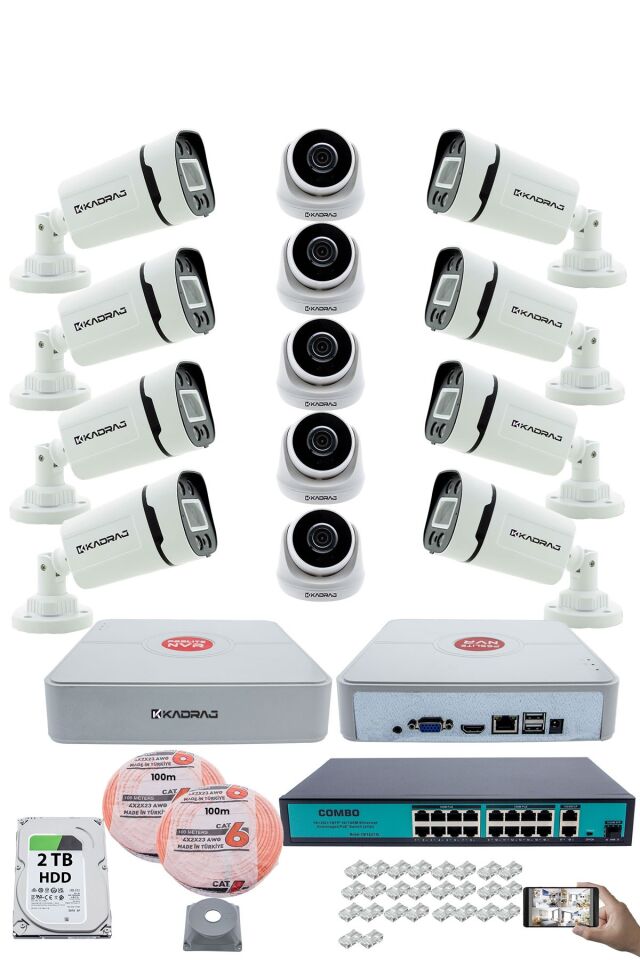 IP Güvenlik Kamera Seti - 5 İç Mekan IP Kamera, 8 Dış Mekan IP Kamera, 2TB H.D.D, 16 Kanal NVR