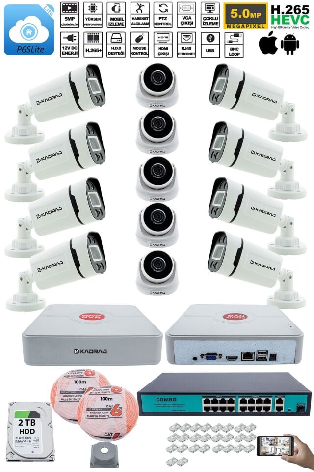 IP Güvenlik Kamera Seti - 5 İç Mekan IP Kamera, 8 Dış Mekan IP Kamera, 2TB H.D.D, 16 Kanal NVR