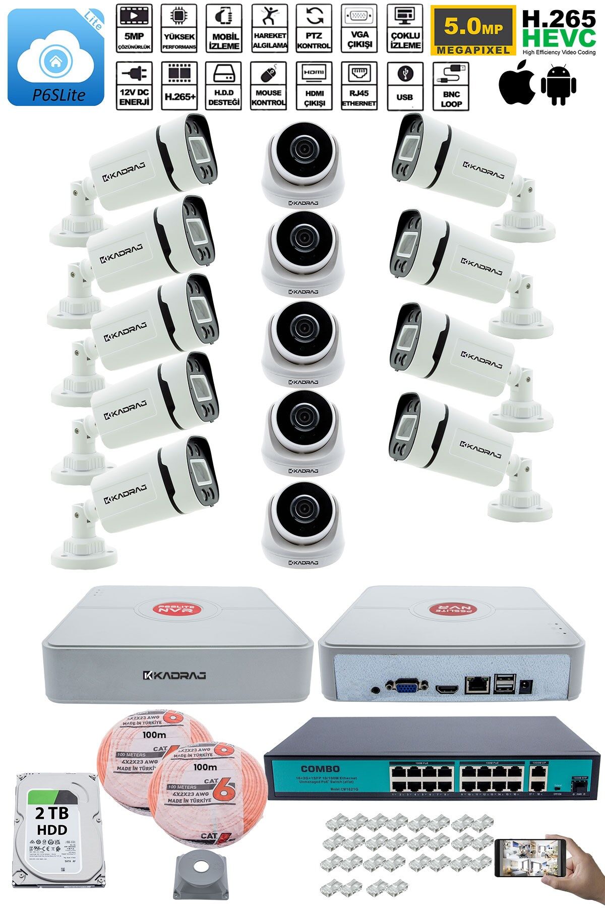 IP Güvenlik Kamera Seti - 5 İç Mekan IP Kamera, 9 Dış Mekan IP Kamera, 2TB H.D.D, 16 Kanal NVR