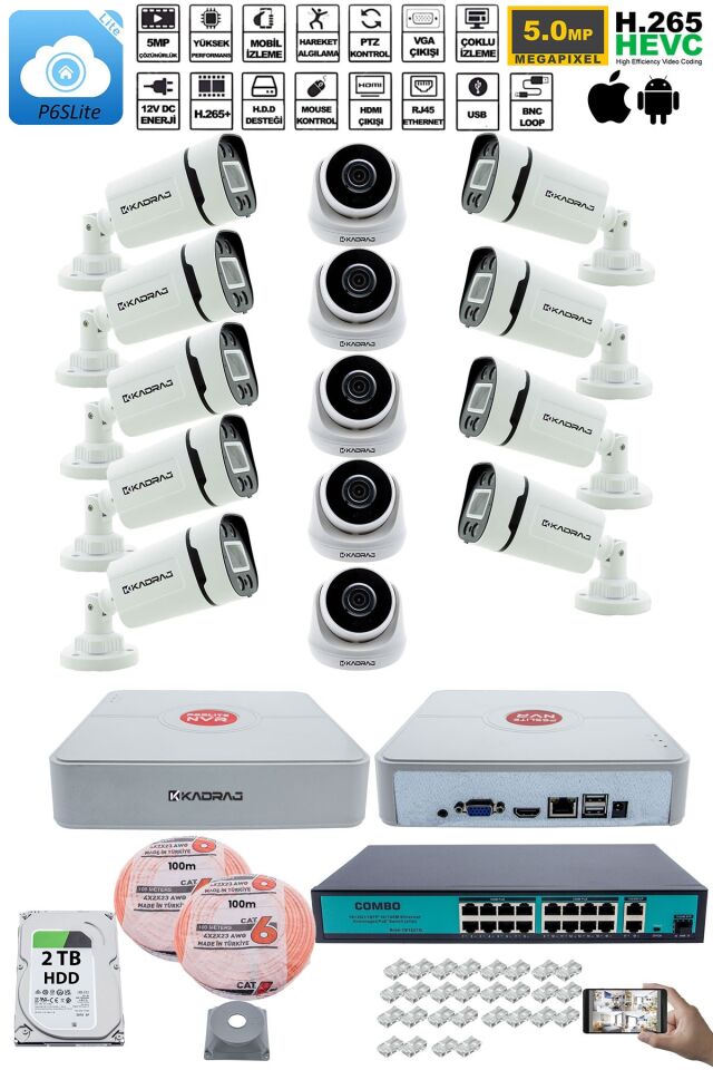 IP Güvenlik Kamera Seti - 5 İç Mekan IP Kamera, 9 Dış Mekan IP Kamera, 2TB H.D.D, 16 Kanal NVR