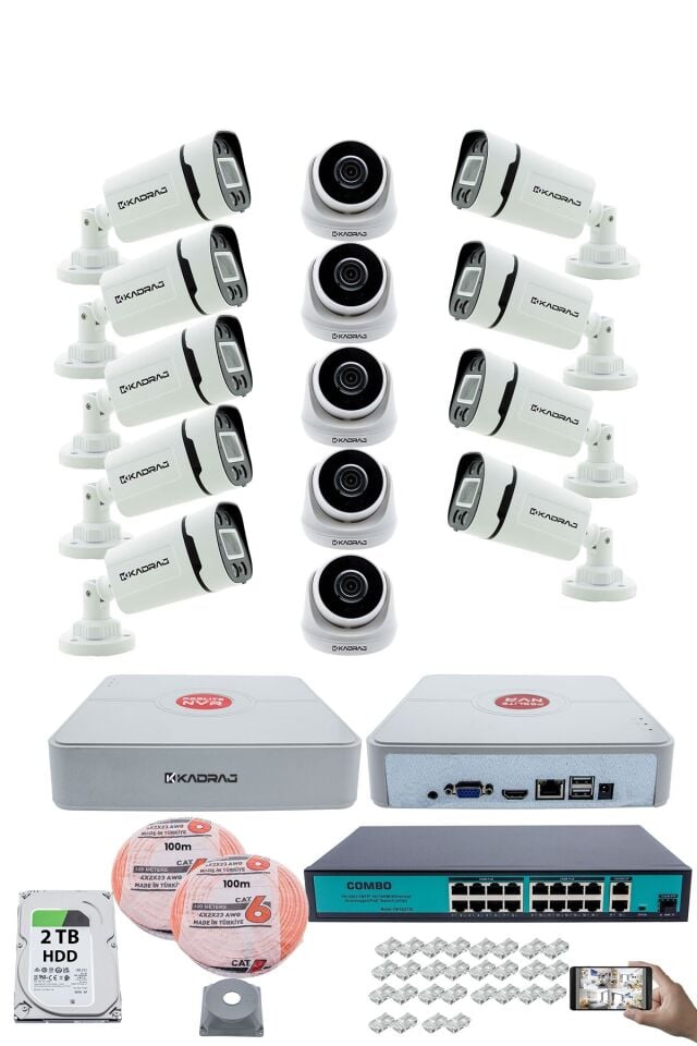 IP Güvenlik Kamera Seti - 5 İç Mekan IP Kamera, 9 Dış Mekan IP Kamera, 2TB H.D.D, 16 Kanal NVR