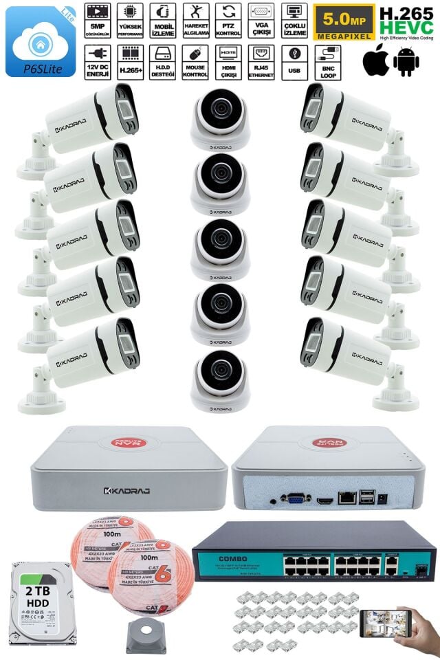 IP Güvenlik Kamera Seti - 5 İç Mekan IP Kamera, 10 Dış Mekan IP Kamera, 2TB H.D.D, 16 Kanal NVR,