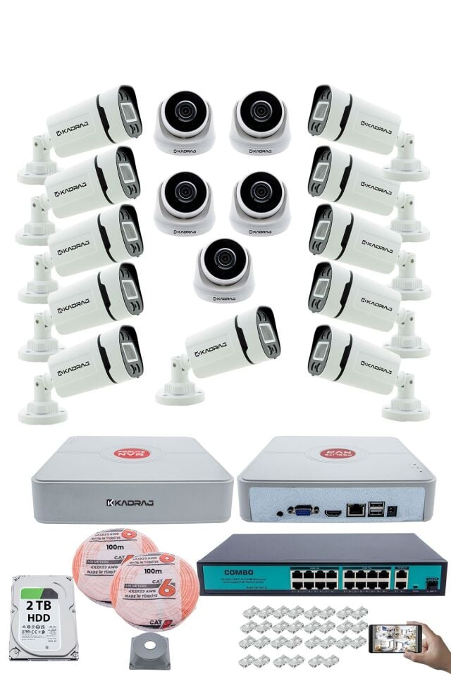 IP Güvenlik Kamera Seti - 5 İç Mekan IP Kamera, 11 Dış Mekan IP Kamera, 2TB H.D.D, 16 Kanal NVR,
