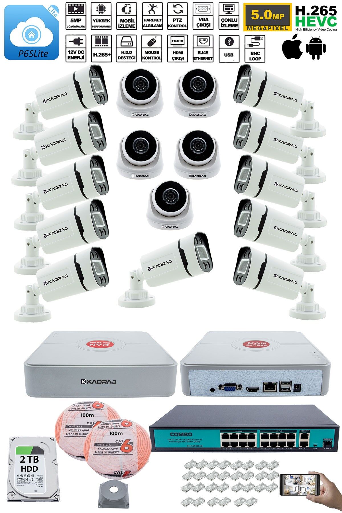 IP Güvenlik Kamera Seti - 5 İç Mekan IP Kamera, 11 Dış Mekan IP Kamera, 2TB H.D.D, 16 Kanal NVR,