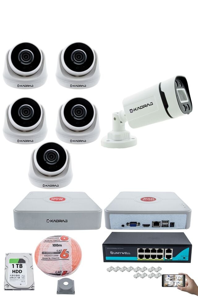 IP Güvenlik Kamera Seti - 5 İç Mekan IP Kamera, 1 Dış Mekan IP Kamera, 1TB H.D.D, 9 Kanal NVR,