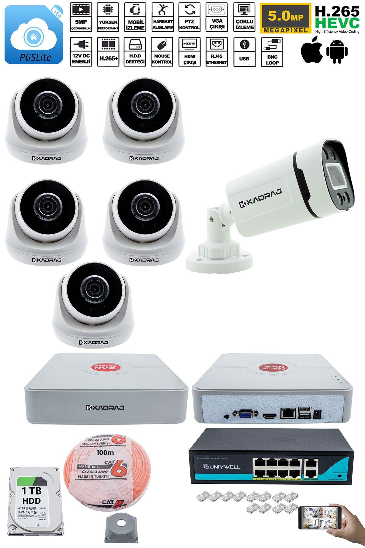IP Güvenlik Kamera Seti - 5 İç Mekan IP Kamera, 1 Dış Mekan IP Kamera, 1TB H.D.D, 9 Kanal NVR,