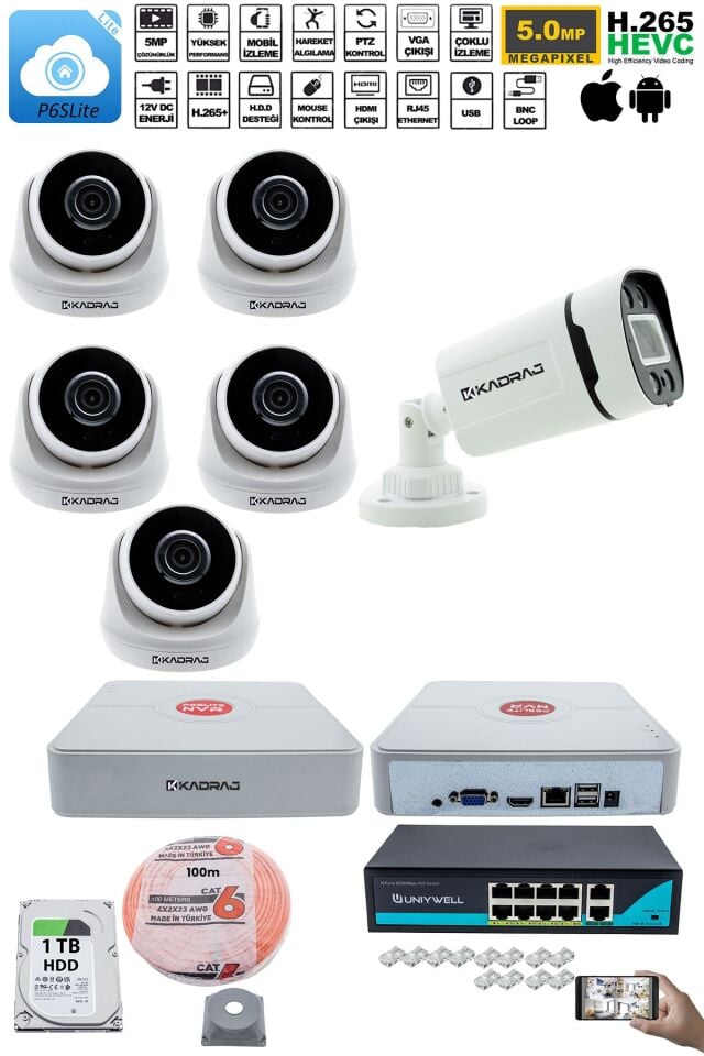 IP Güvenlik Kamera Seti - 5 İç Mekan IP Kamera, 1 Dış Mekan IP Kamera, 1TB H.D.D, 9 Kanal NVR,