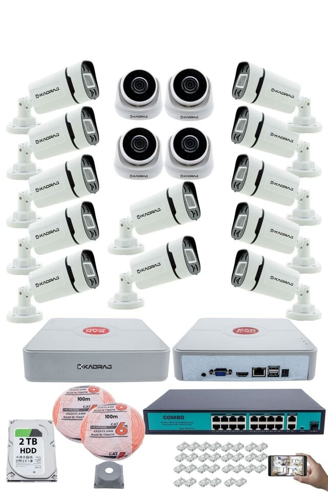 IP Güvenlik Kamera Seti - 4 İç Mekan IP Kamera, 12 Dış Mekan IP Kamera, 2TB H.D.D, 16 Kanal NVR