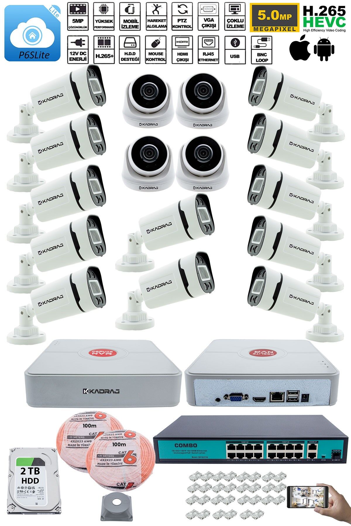 IP Güvenlik Kamera Seti - 4 İç Mekan IP Kamera, 12 Dış Mekan IP Kamera, 2TB H.D.D, 16 Kanal NVR
