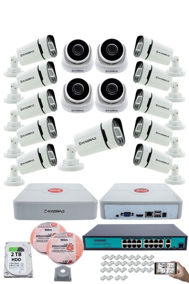 IP Güvenlik Kamera Seti - 4 İç Mekan IP Kamera, 11 Dış Mekan IP Kamera, 2TB H.D.D, 16 Kanal NVR