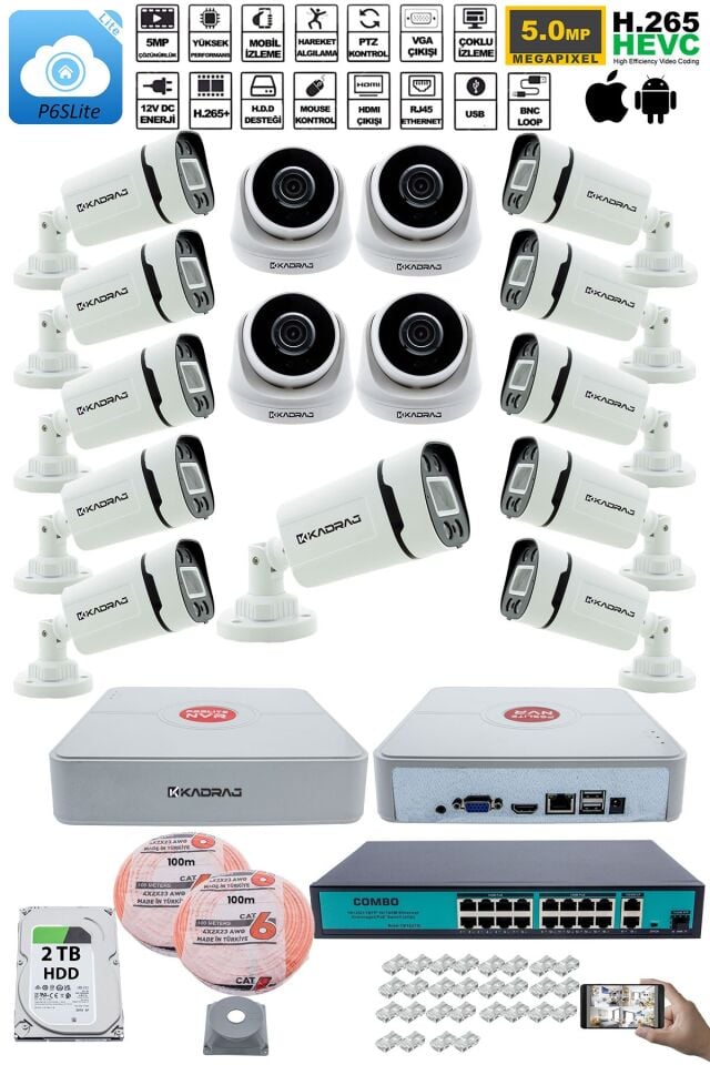 IP Güvenlik Kamera Seti - 4 İç Mekan IP Kamera, 11 Dış Mekan IP Kamera, 2TB H.D.D, 16 Kanal NVR