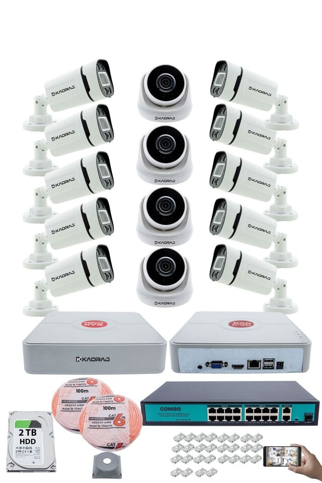 IP Güvenlik Kamera Seti - 4 İç Mekan IP Kamera, 10 Dış Mekan IP Kamera, 2TB H.D.D, 16 Kanal NVR,