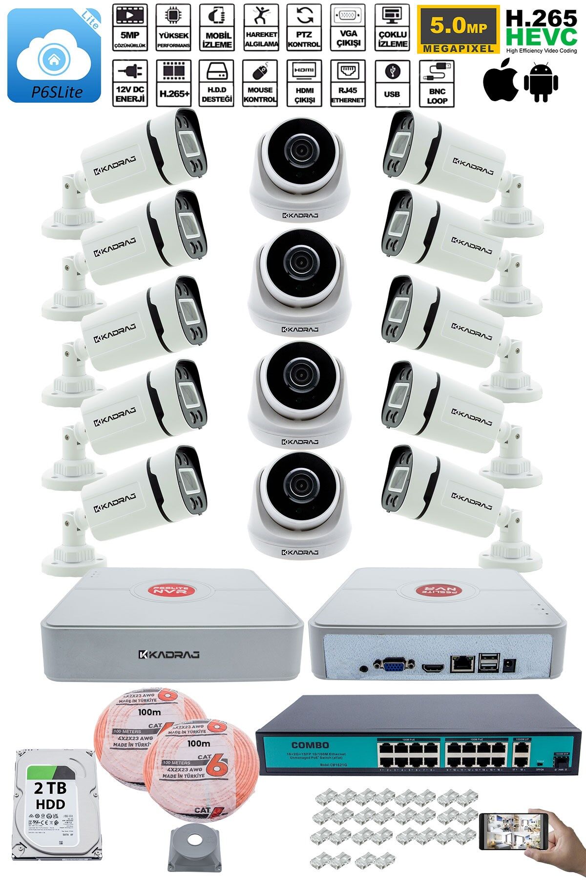 IP Güvenlik Kamera Seti - 4 İç Mekan IP Kamera, 10 Dış Mekan IP Kamera, 2TB H.D.D, 16 Kanal NVR,