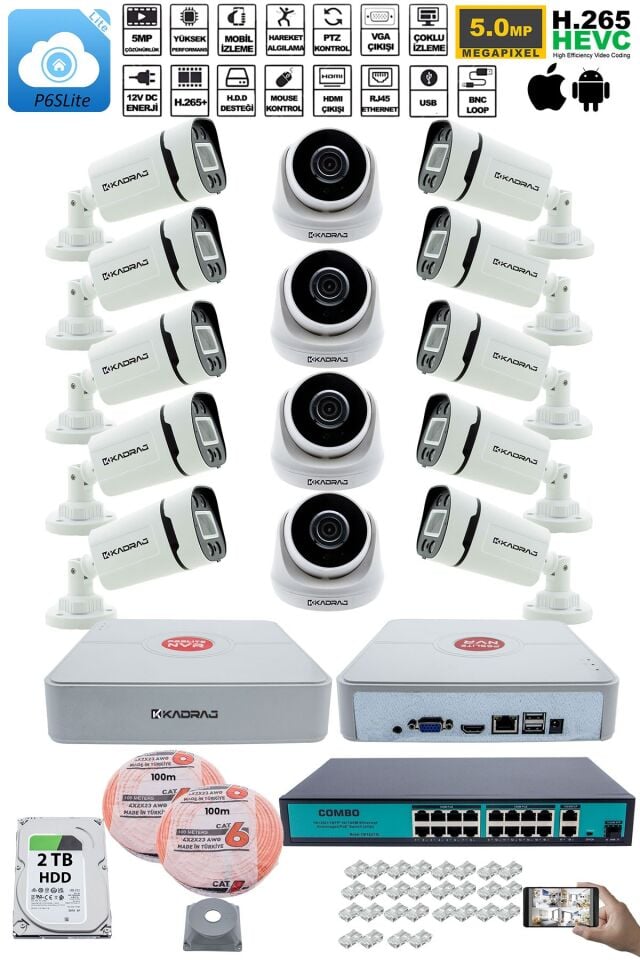 IP Güvenlik Kamera Seti - 4 İç Mekan IP Kamera, 10 Dış Mekan IP Kamera, 2TB H.D.D, 16 Kanal NVR,