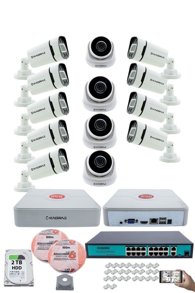 IP Güvenlik Kamera Seti - 4 İç Mekan IP Kamera, 9 Dış Mekan IP Kamera, 2TB H.D.D, 16 Kanal NVR