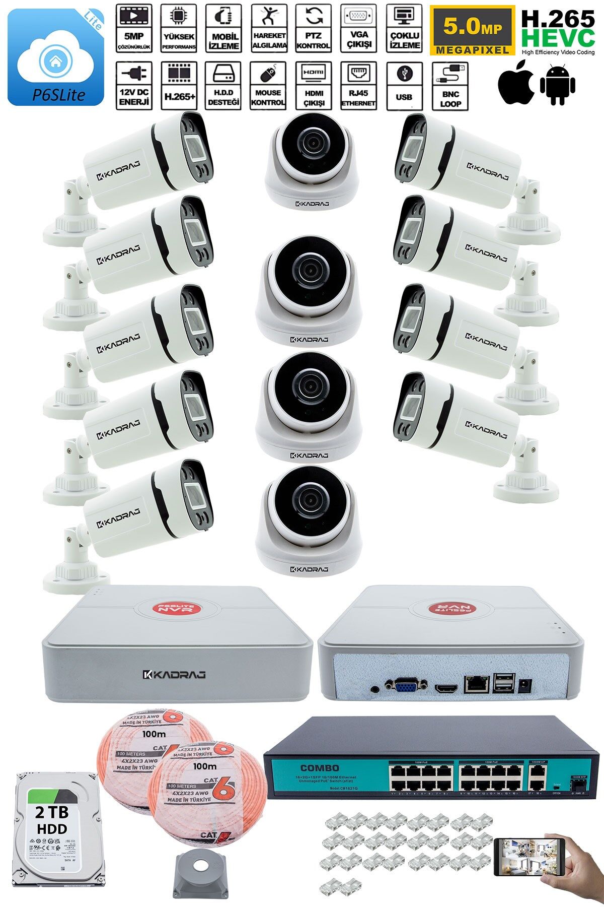 IP Güvenlik Kamera Seti - 4 İç Mekan IP Kamera, 9 Dış Mekan IP Kamera, 2TB H.D.D, 16 Kanal NVR