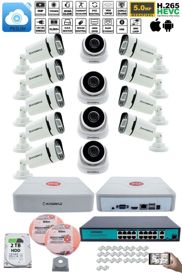 IP Güvenlik Kamera Seti - 4 İç Mekan IP Kamera, 9 Dış Mekan IP Kamera, 2TB H.D.D, 16 Kanal NVR