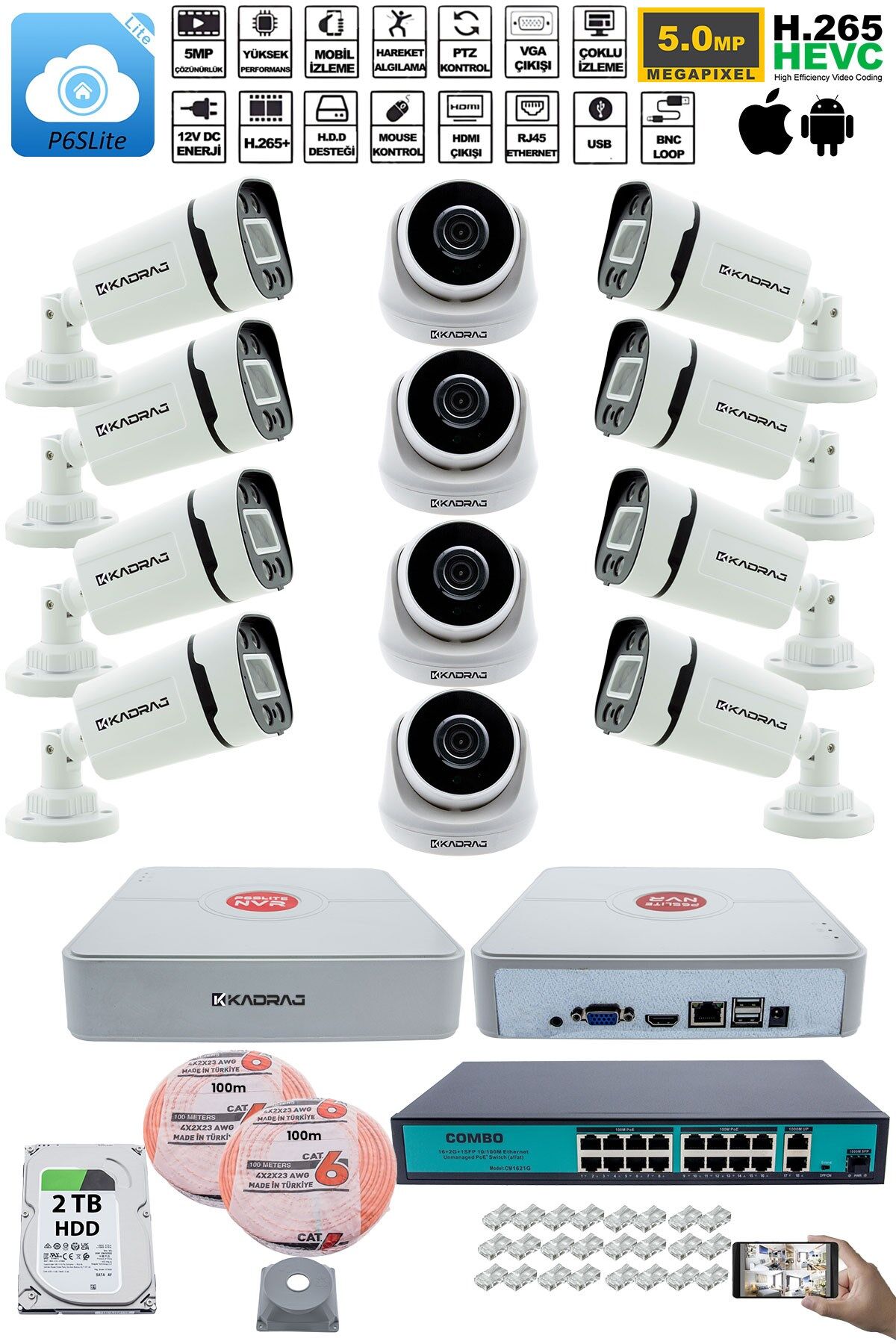 IP Güvenlik Kamera Seti - 4 İç Mekan IP Kamera, 8 Dış Mekan IP Kamera, 2TB H.D.D, 16 Kanal NVR