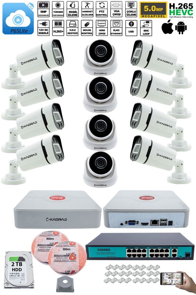 IP Güvenlik Kamera Seti - 4 İç Mekan IP Kamera, 8 Dış Mekan IP Kamera, 2TB H.D.D, 16 Kanal NVR