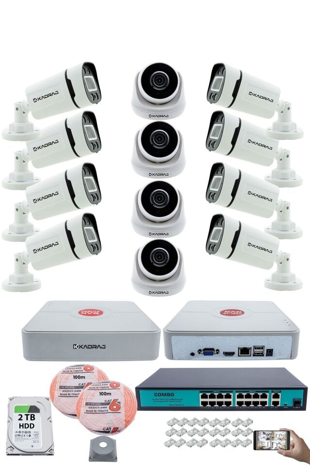 IP Güvenlik Kamera Seti - 4 İç Mekan IP Kamera, 8 Dış Mekan IP Kamera, 2TB H.D.D, 16 Kanal NVR