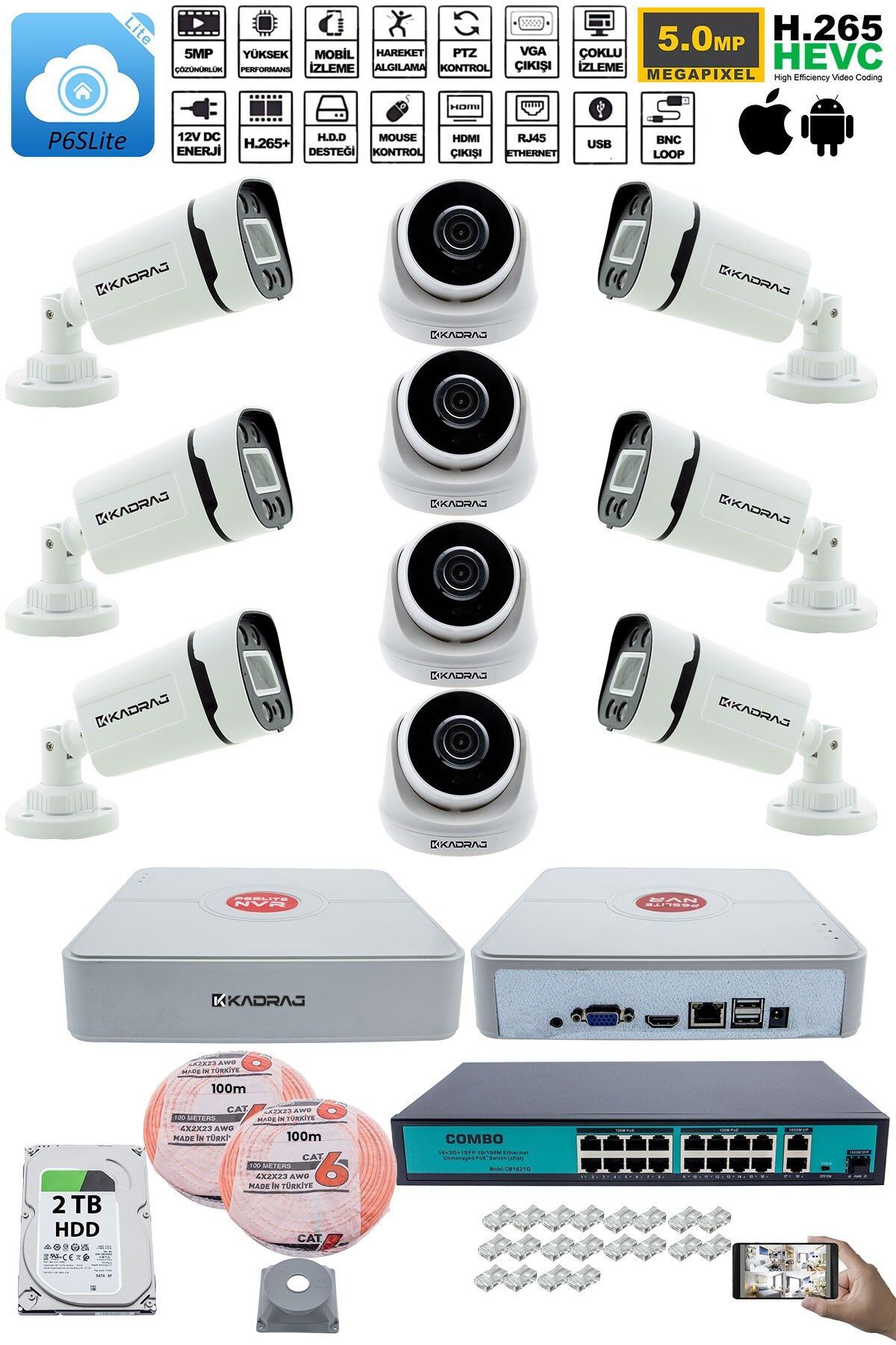 IP Güvenlik Kamera Seti - 4 İç Mekan IP Kamera, 6 Dış Mekan IP Kamera, 2TB H.D.D, 16 Kanal NVR,