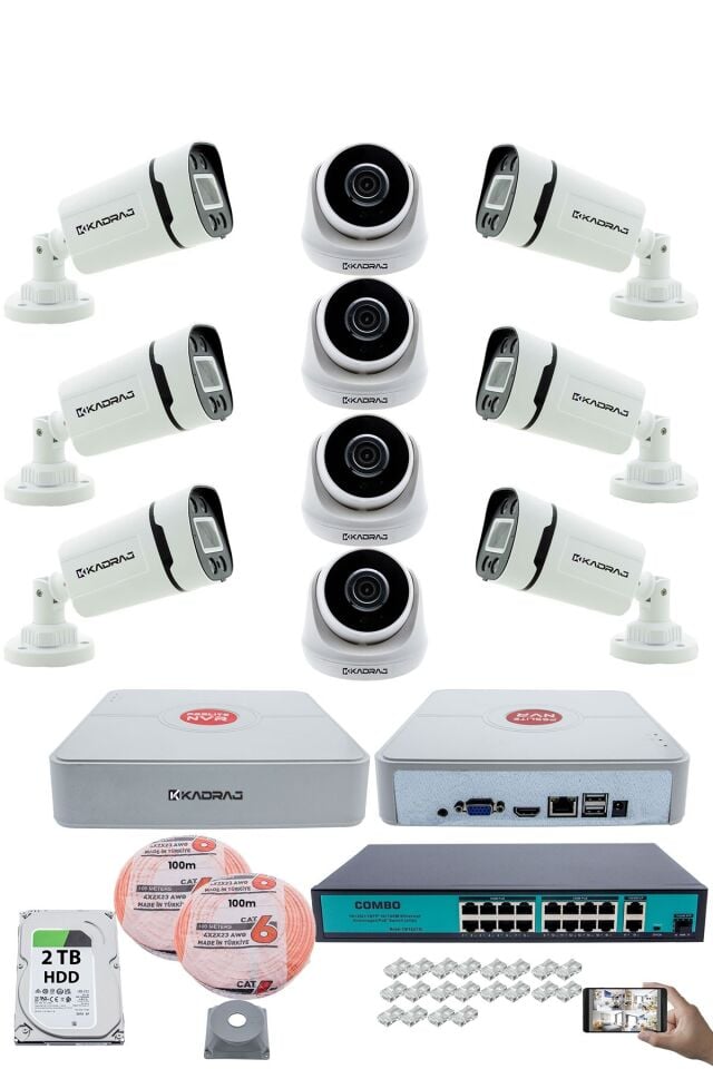 IP Güvenlik Kamera Seti - 4 İç Mekan IP Kamera, 6 Dış Mekan IP Kamera, 2TB H.D.D, 16 Kanal NVR,