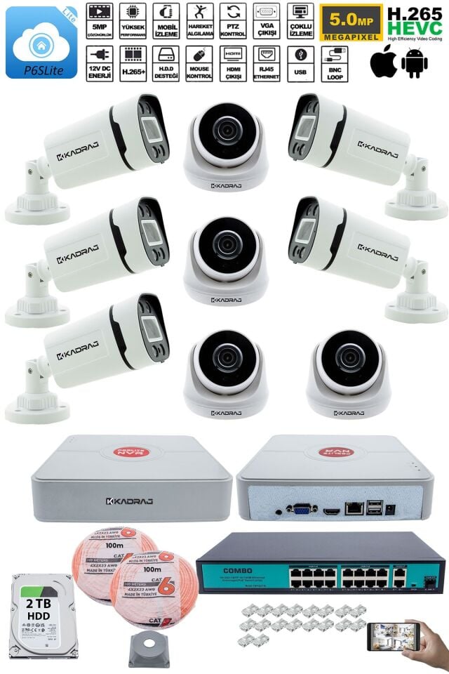 IP Güvenlik Kamera Seti - 4 İç Mekan IP Kamera, 5 Dış Mekan IP Kamera, 2TB H.D.D, 16 Kanal NVR