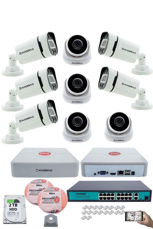 IP Güvenlik Kamera Seti - 4 İç Mekan IP Kamera, 5 Dış Mekan IP Kamera, 2TB H.D.D, 16 Kanal NVR