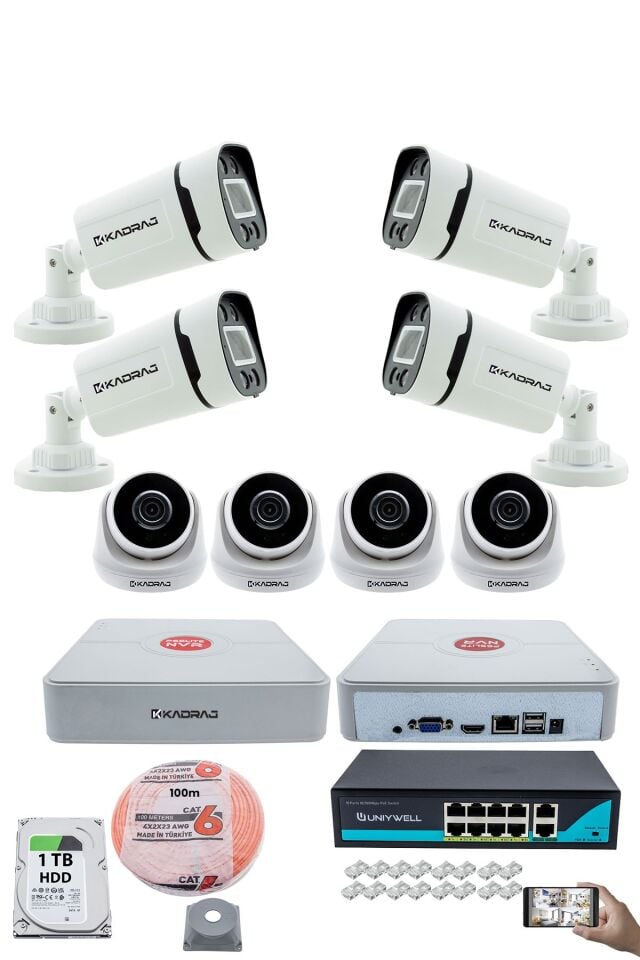 IP Güvenlik Kamera Seti - 4 İç Mekan IP Kamera, 4 Dış Mekan IP Kamera, 1TB H.D.D, 9 Kanal NVR,