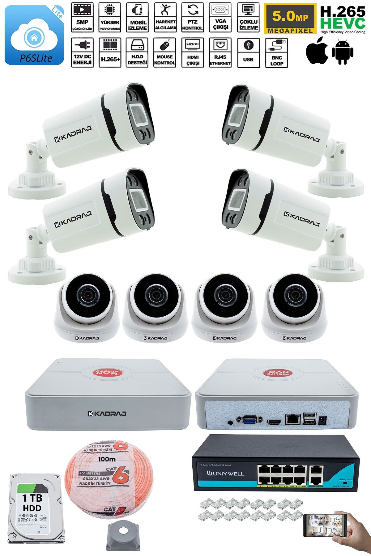 IP Güvenlik Kamera Seti - 4 İç Mekan IP Kamera, 4 Dış Mekan IP Kamera, 1TB H.D.D, 9 Kanal NVR,