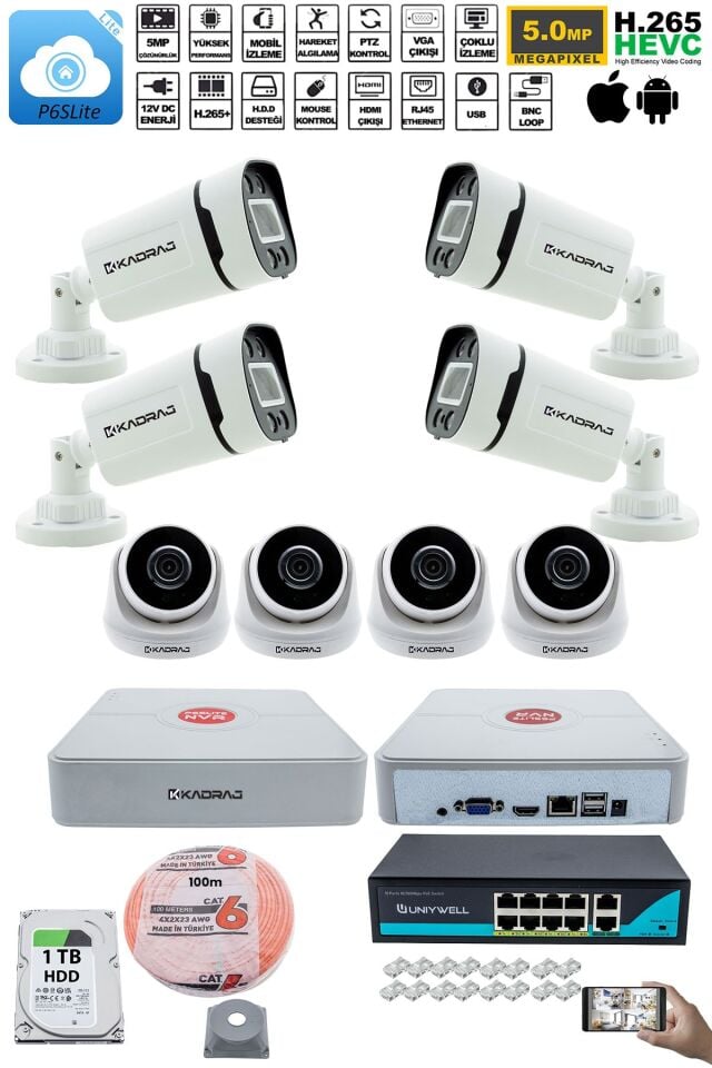 IP Güvenlik Kamera Seti - 4 İç Mekan IP Kamera, 4 Dış Mekan IP Kamera, 1TB H.D.D, 9 Kanal NVR,