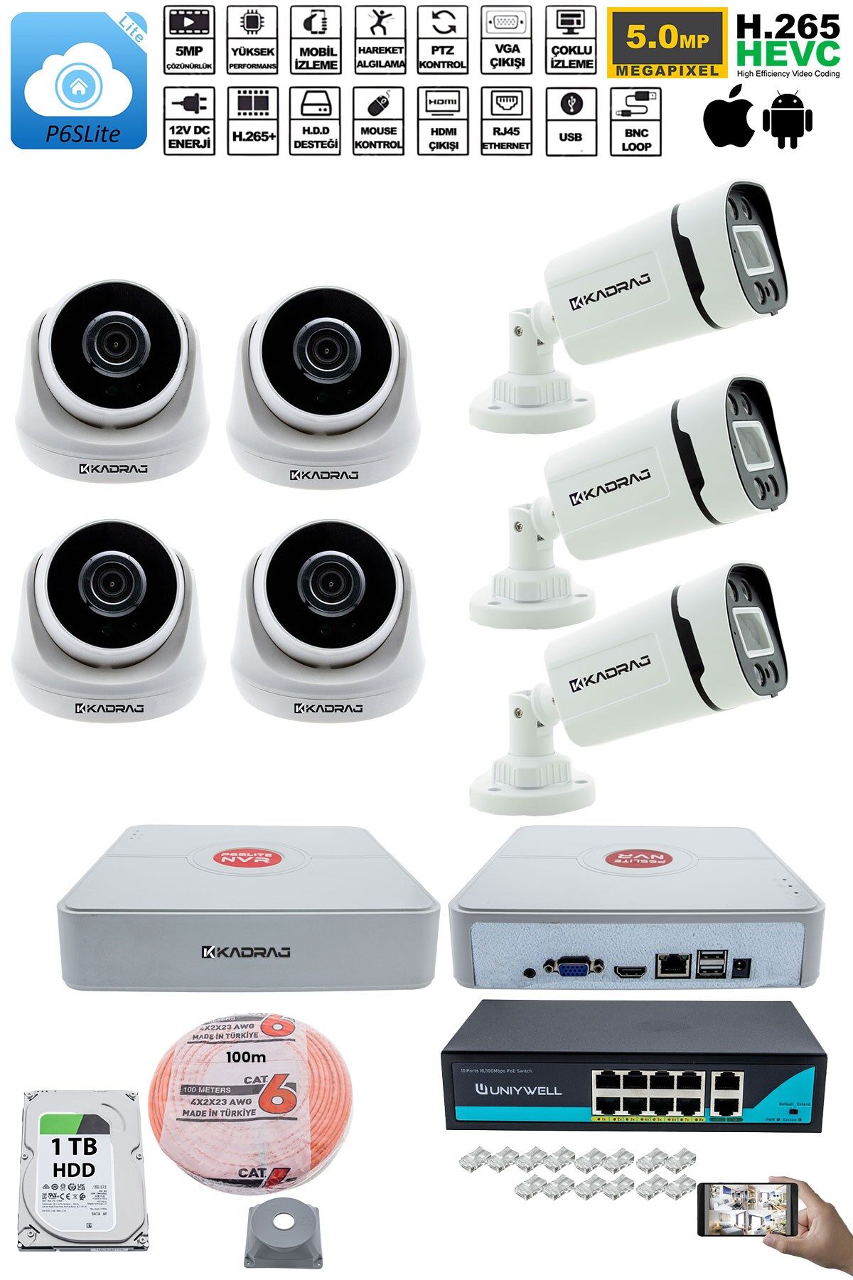 IP Güvenlik Kamera Seti - 4 İç Mekan IP Kamera, 3 Dış Mekan IP Kamera, 1TB H.D.D, 9 Kanal NVR,