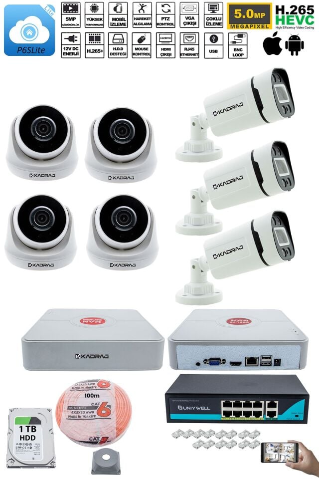 IP Güvenlik Kamera Seti - 4 İç Mekan IP Kamera, 3 Dış Mekan IP Kamera, 1TB H.D.D, 9 Kanal NVR,