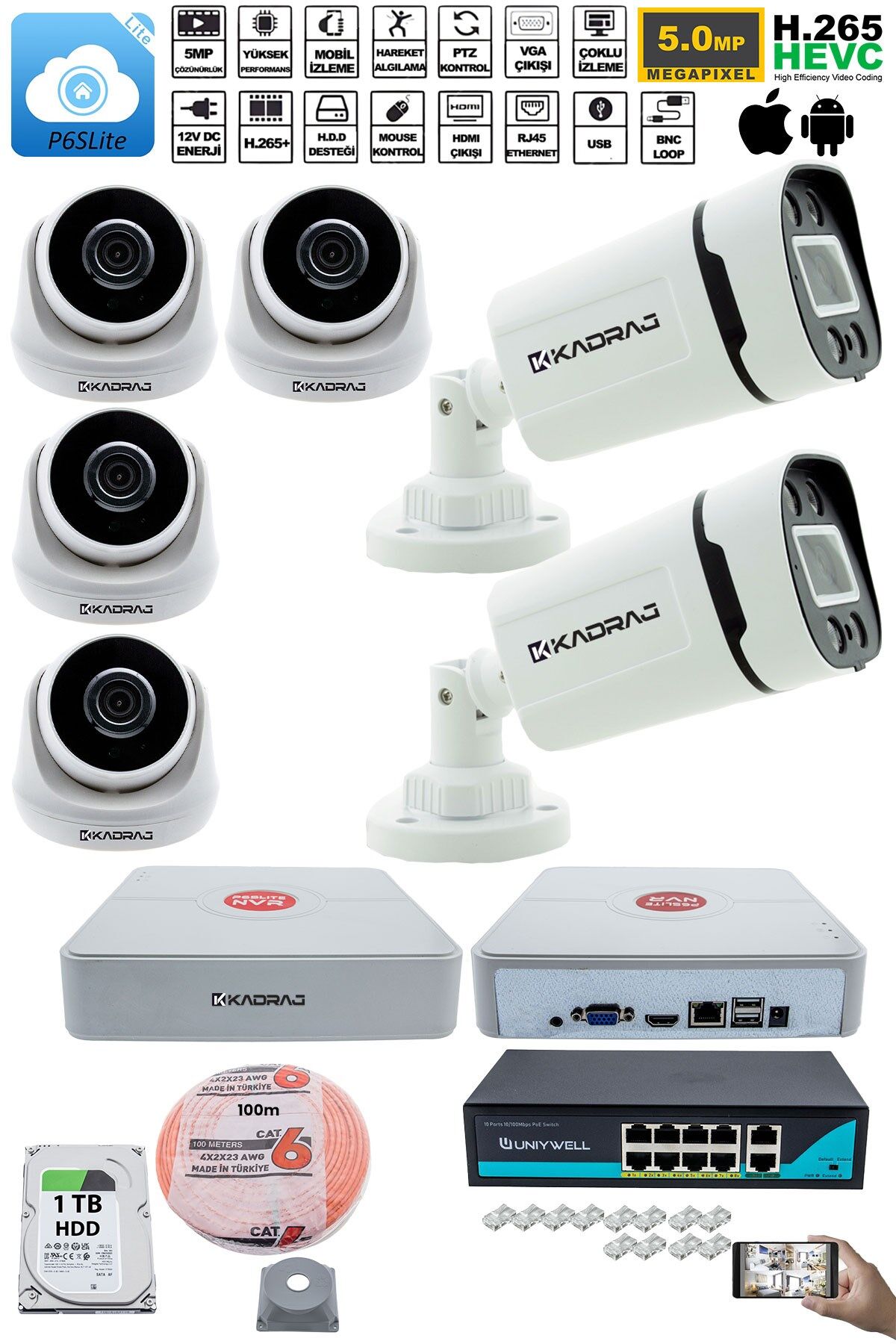 IP Güvenlik Kamera Seti - 4 İç Mekan IP Kamera, 2 Dış Mekan IP Kamera, 1TB H.D.D, 9 Kanal NVR