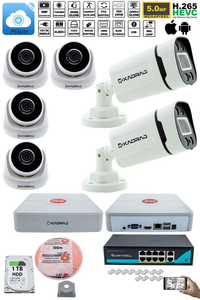 IP Güvenlik Kamera Seti - 4 İç Mekan IP Kamera, 2 Dış Mekan IP Kamera, 1TB H.D.D, 9 Kanal NVR