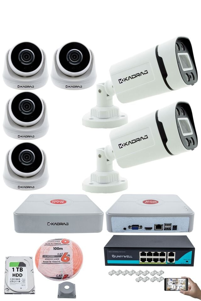 IP Güvenlik Kamera Seti - 4 İç Mekan IP Kamera, 2 Dış Mekan IP Kamera, 1TB H.D.D, 9 Kanal NVR