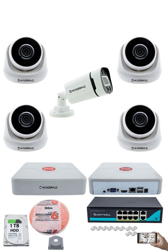 IP Güvenlik Kamera Seti - 4 İç Mekan IP Kamera, 1 Dış Mekan IP Kamera, 1TB H.D.D, 9 Kanal NVR