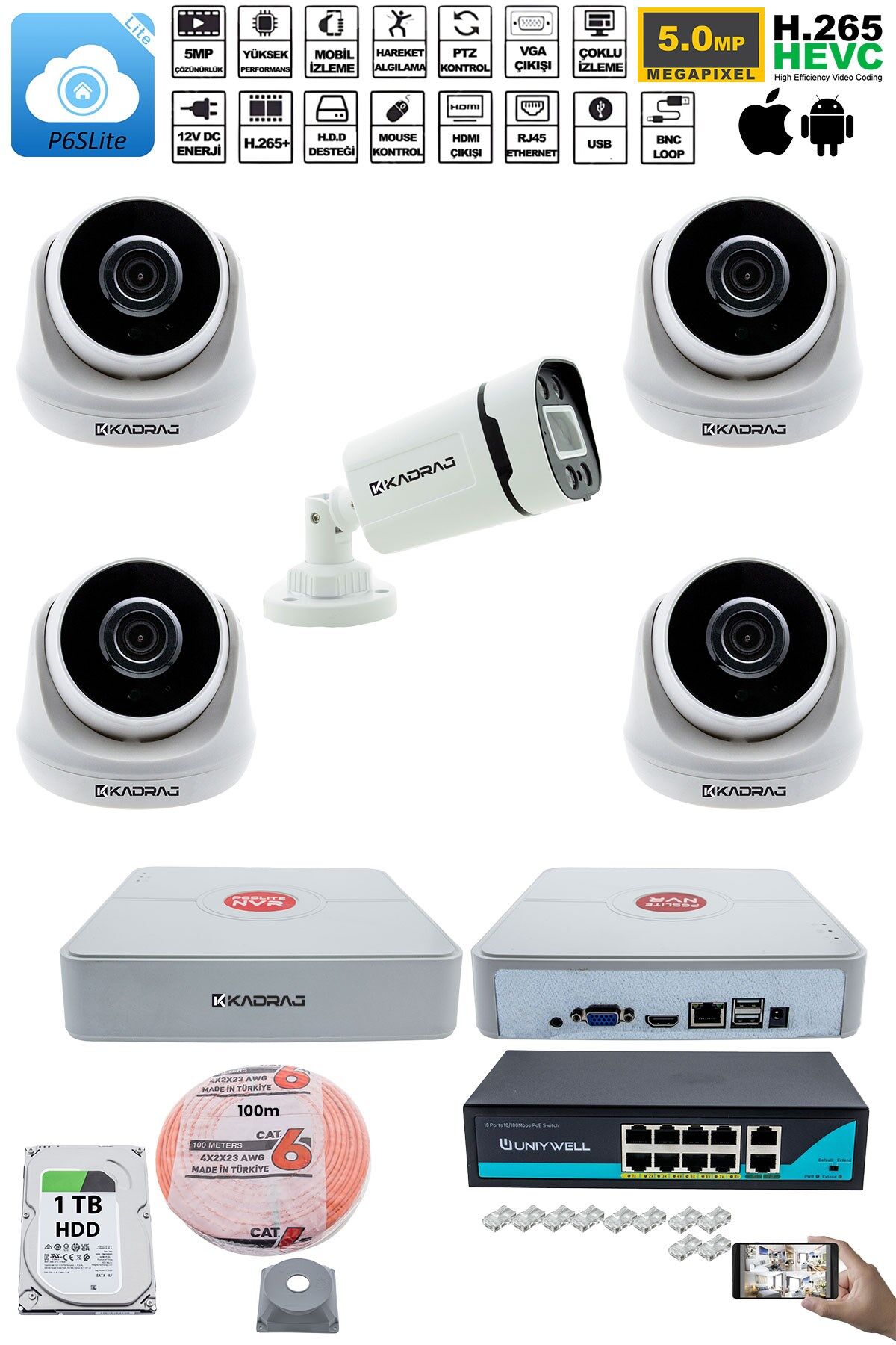 IP Güvenlik Kamera Seti - 4 İç Mekan IP Kamera, 1 Dış Mekan IP Kamera, 1TB H.D.D, 9 Kanal NVR
