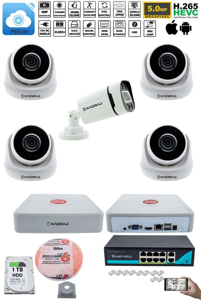 IP Güvenlik Kamera Seti - 4 İç Mekan IP Kamera, 1 Dış Mekan IP Kamera, 1TB H.D.D, 9 Kanal NVR