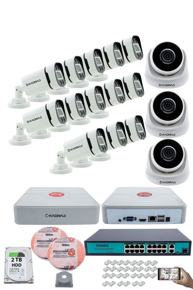 IP Güvenlik Kamera Seti - 3 İç Mekan IP Kamera, 13 Dış Mekan IP Kamera, 2TB H.D.D, 16 Kanal NVR