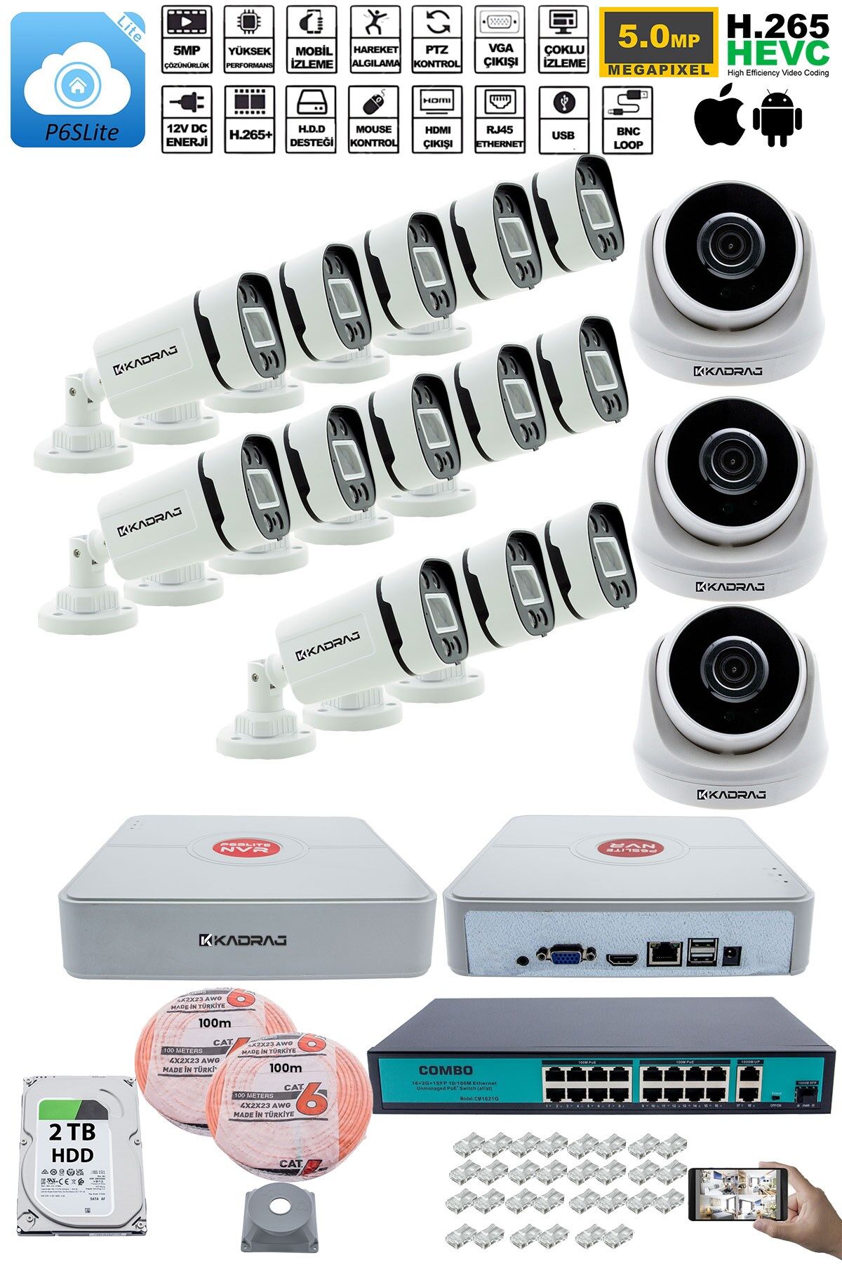 IP Güvenlik Kamera Seti - 3 İç Mekan IP Kamera, 13 Dış Mekan IP Kamera, 2TB H.D.D, 16 Kanal NVR