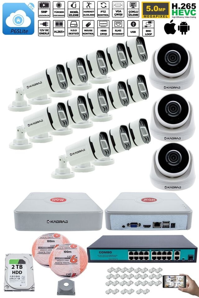 IP Güvenlik Kamera Seti - 3 İç Mekan IP Kamera, 13 Dış Mekan IP Kamera, 2TB H.D.D, 16 Kanal NVR